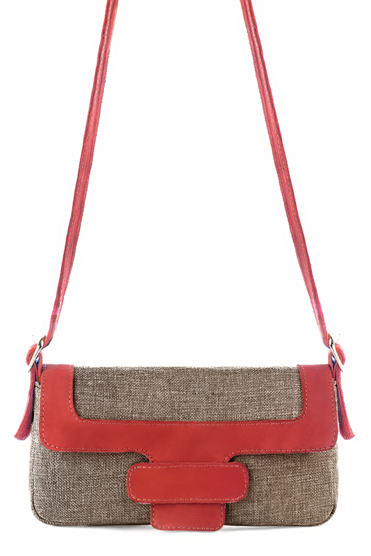 Tan beige and scarlet red women's dress handbag, matching pumps and belts. Top view - Florence KOOIJMAN